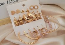 Combo 9 Pair Stunning Golden Gold Plated Pearl Alloy Hoop Earring