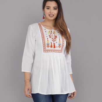 Women Casual Regular Sleeves Embroidered White Top