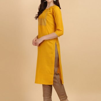 Women Cotton Blend Kurti, Pant Set,Mustard