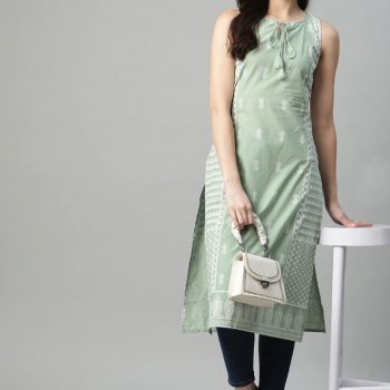 Women Printed A-Line Cotton Blend Kurta, Light Green