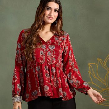 Women Printed Viscose Rayon Maroon Top