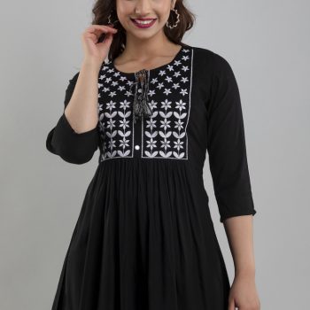 Women Regular Sleeves Embroidered Black Top