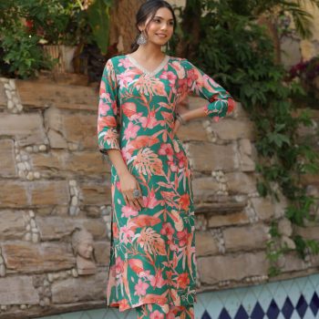 Women Cotton Rayon Floral Print Kurta, Palazzo Set (Green)