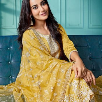 Women Royal Embroidered Kurta Pant Dupatta Set,Yellow